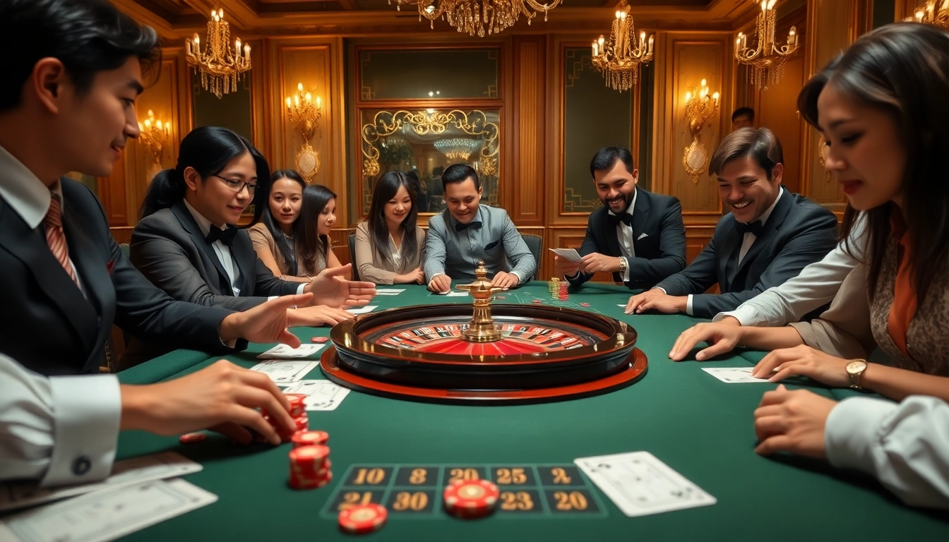Experience the excitement of j88 bet with players at a luxurious casino table, engaging in thrilling gameplay.