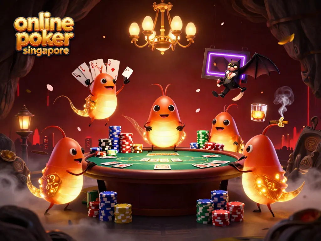 Engage in online poker Singapore with glowworms illuminating a vibrant cave casino scene.