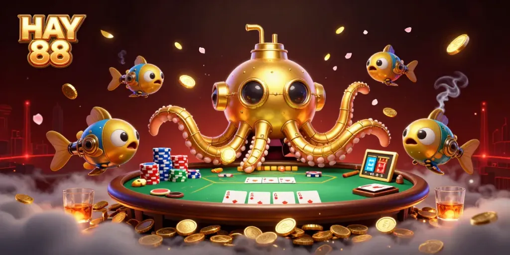 Experience the thrill of HAY 88 with a golden kraken submarine and poker scene filled with excitement and winnings.