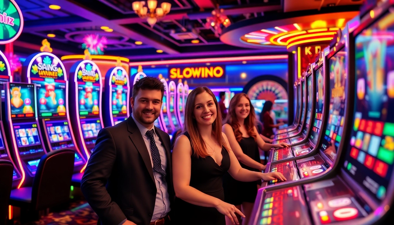 Players enjoying the slot777 gaming experience at a vibrant casino.