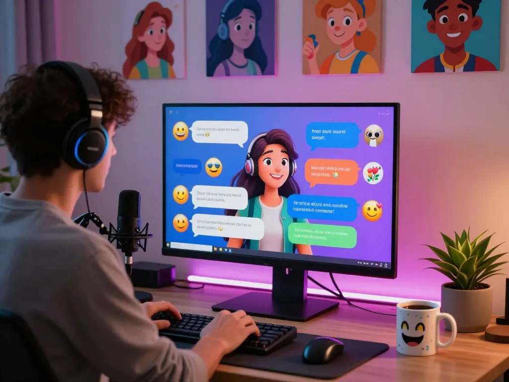 User chatting with crushon AI character on a vibrant desktop setup, showcasing playful interaction.