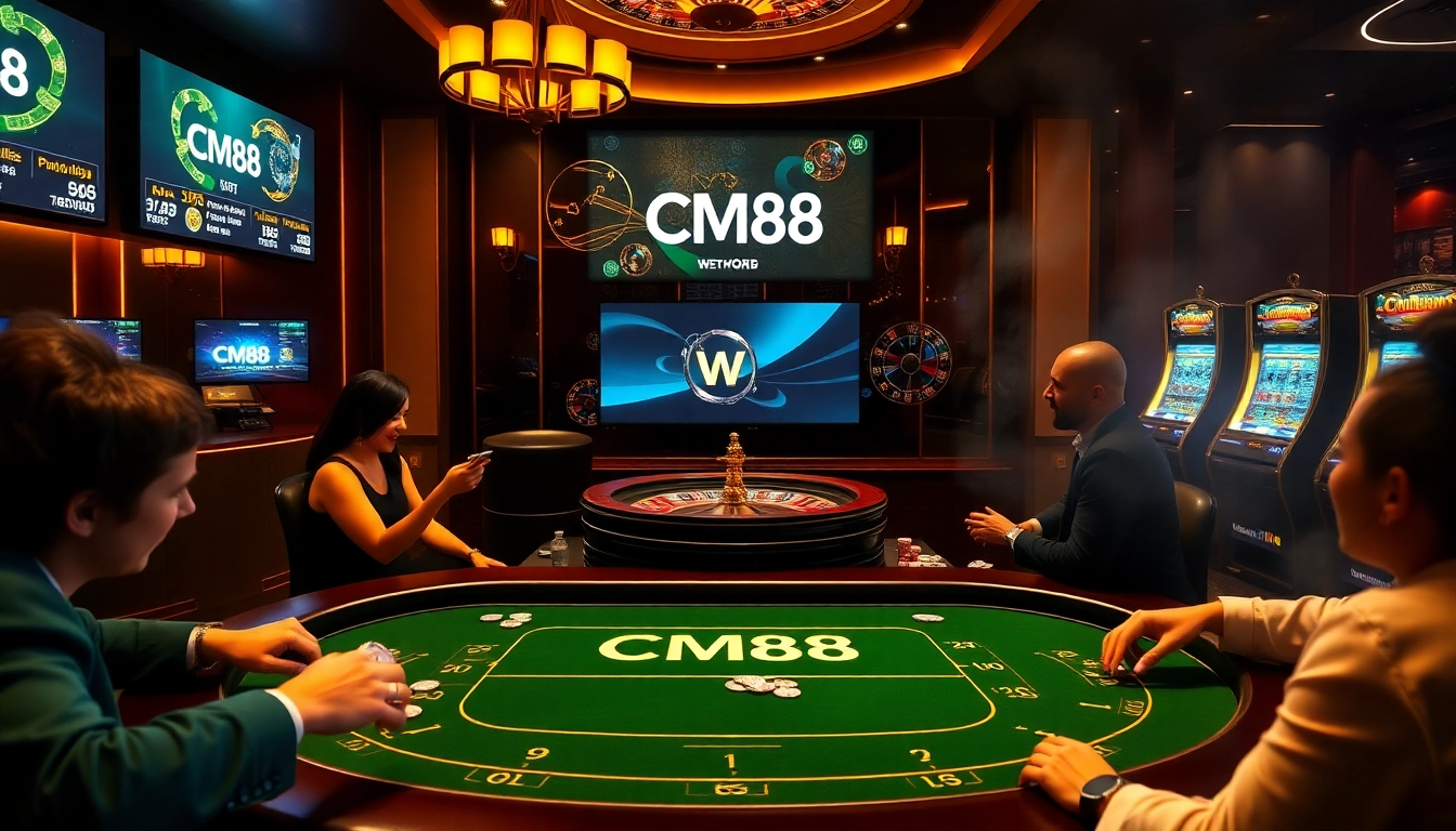 Exciting casino environment highlighting CM88 with poker, roulette, and slots.