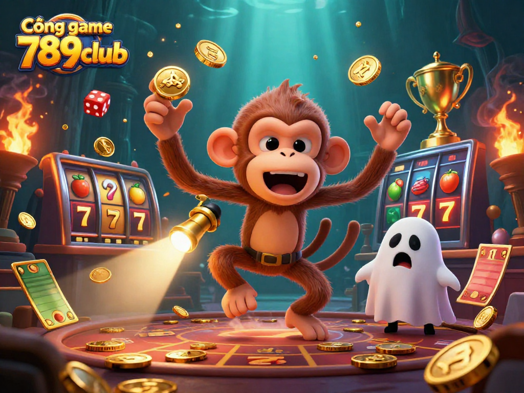 Cổng game 789club offers an exciting casino experience with vibrant 3D gaming elements interacting in a lively atmosphere.