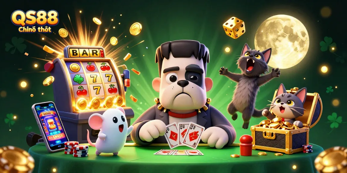 Engage in thrilling games at QS88 Chính thức with a lively scene featuring a Frankenstein bulldog and more.
