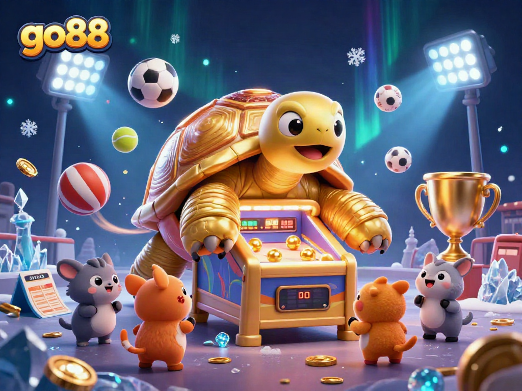 Engage with go88's thrilling casino action featuring a dynamic tortoise pinball machine amidst vibrant sports elements.