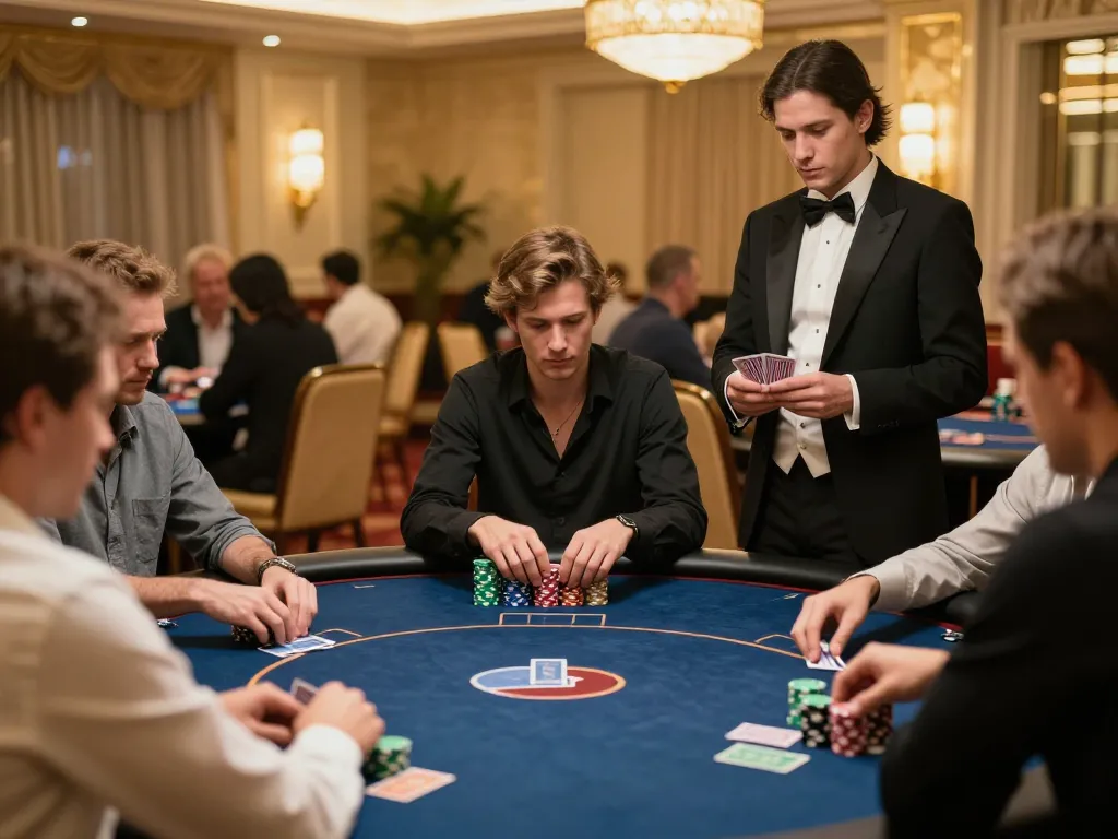 NK88 players strategizing at a luxury poker table in an upscale casino environment.