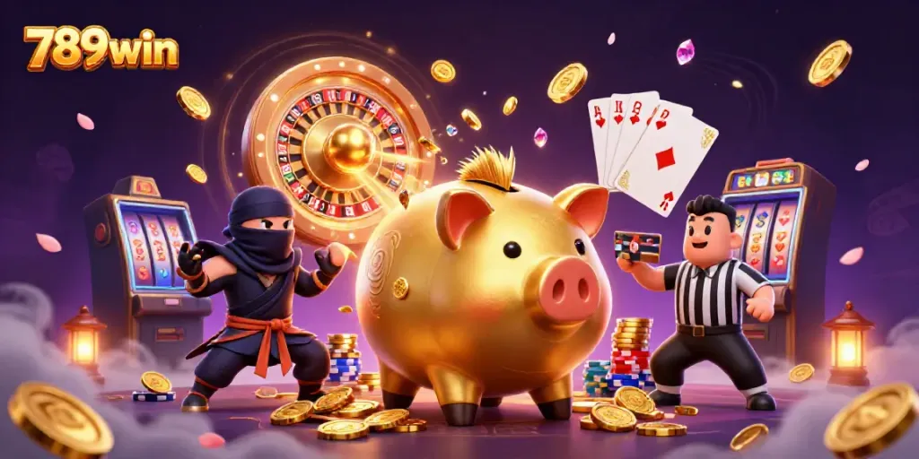 Engage with 789win as a cartoon piggy bank sumo wrestler shakes free coins in a vibrant casino scene.