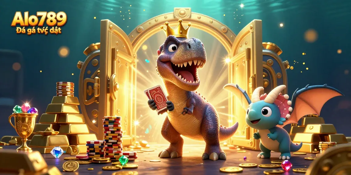 Alo789 Đá gà trực tiếp scene featuring a T-Rex shuffling cards with gold treasures and vibrant casino elements surrounding it.