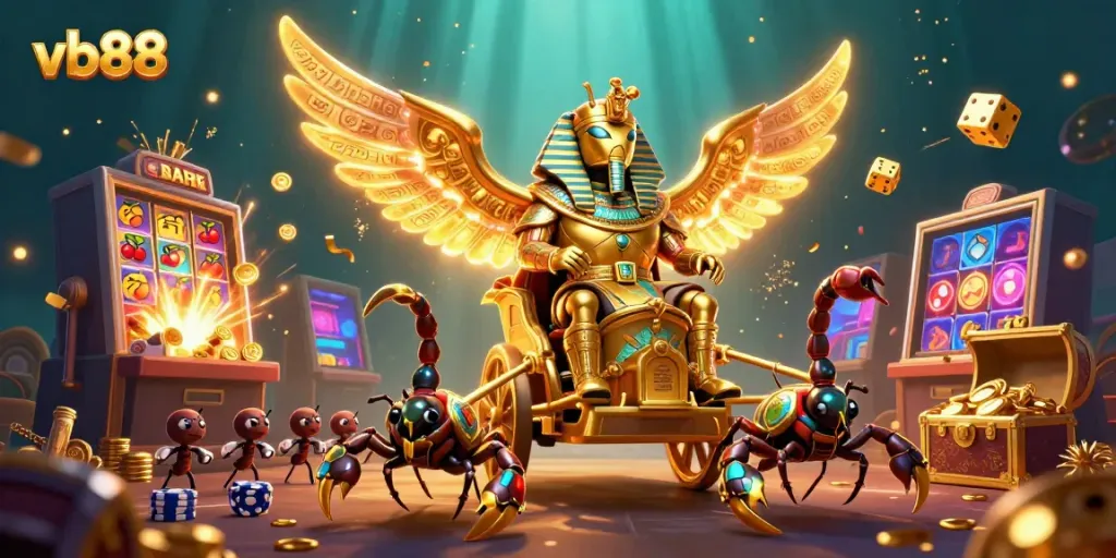 Engage in the thrilling world of vb88 with a dazzling 3D casino illustration featuring a golden beetle and slot machine.