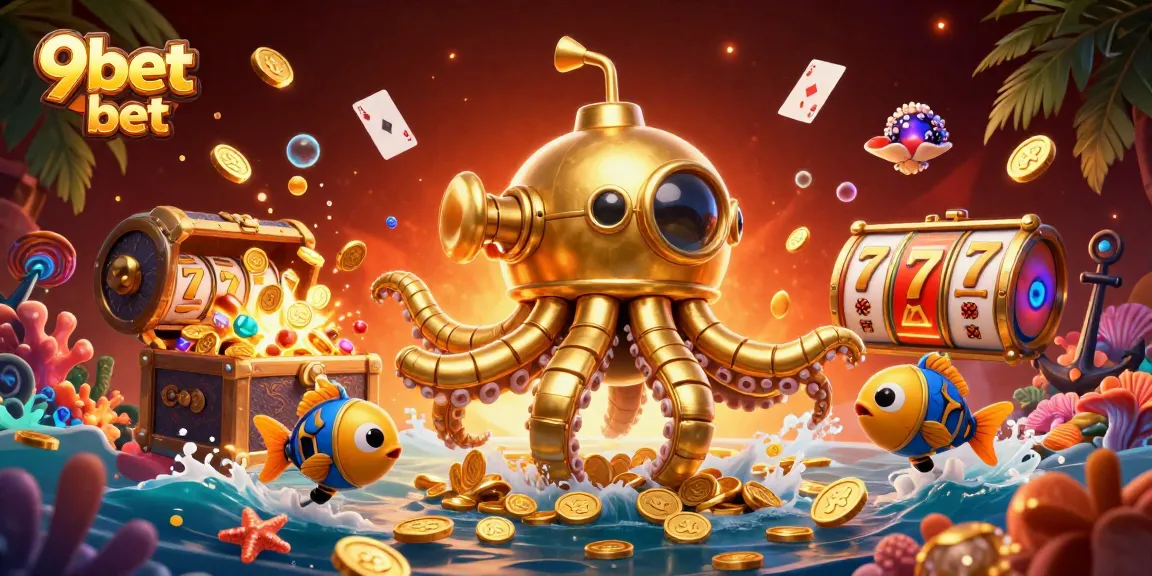 Engage with 9bet bet through a vibrant underwater casino adventure featuring a golden kraken and mechanical fish.