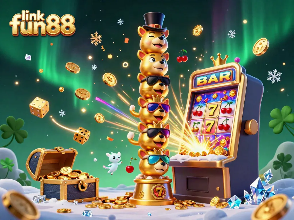 Engage in thrilling gameplay with link fun88, highlighted by a vibrant casino scene featuring a totem pole and jackpot symbols.
