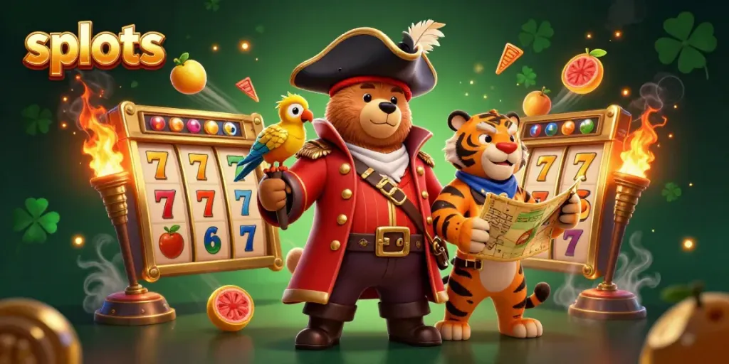 Experience thrilling slots action with a 3D pirate bear and tiger in a rich, vibrant casino scene.