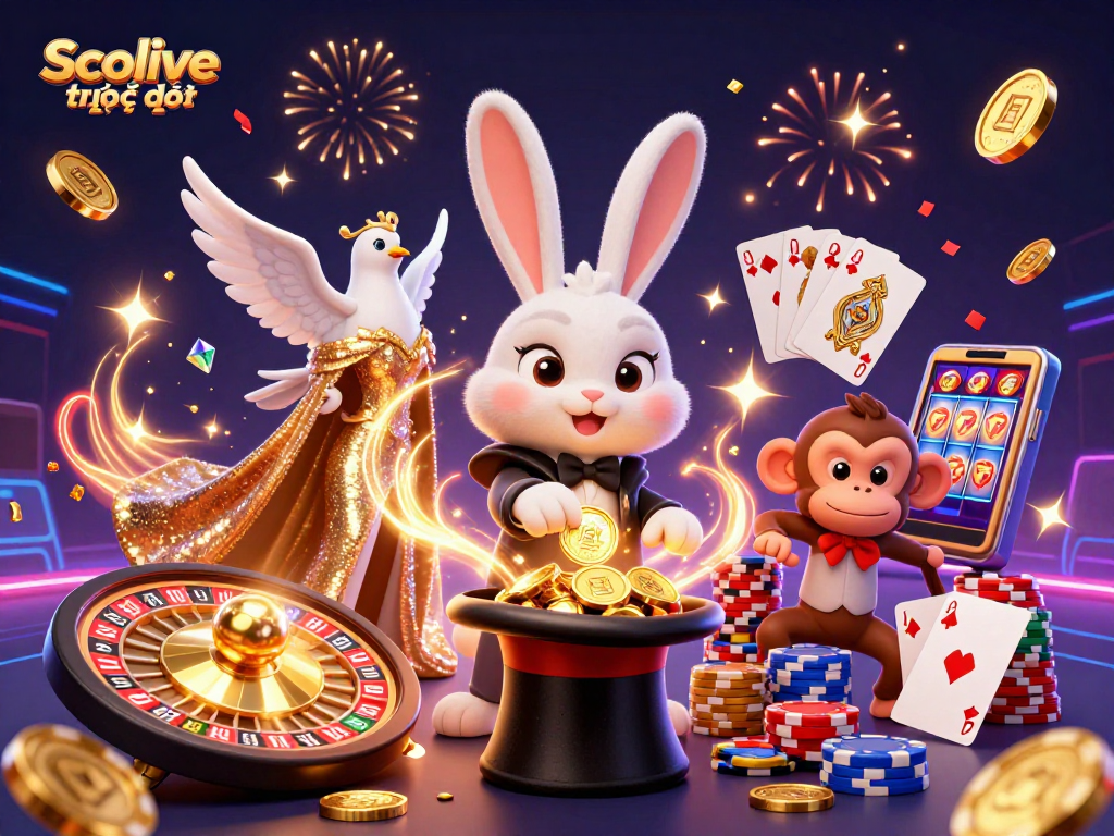Socolive trực tiếp showcases a vibrant casino scene with a magician rabbit, dove, and monkey amidst gaming elements.
