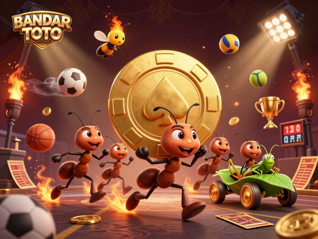 BANDAR TOTO team of cartoon ants carrying a giant poker chip through a dynamic gambling heist scene.