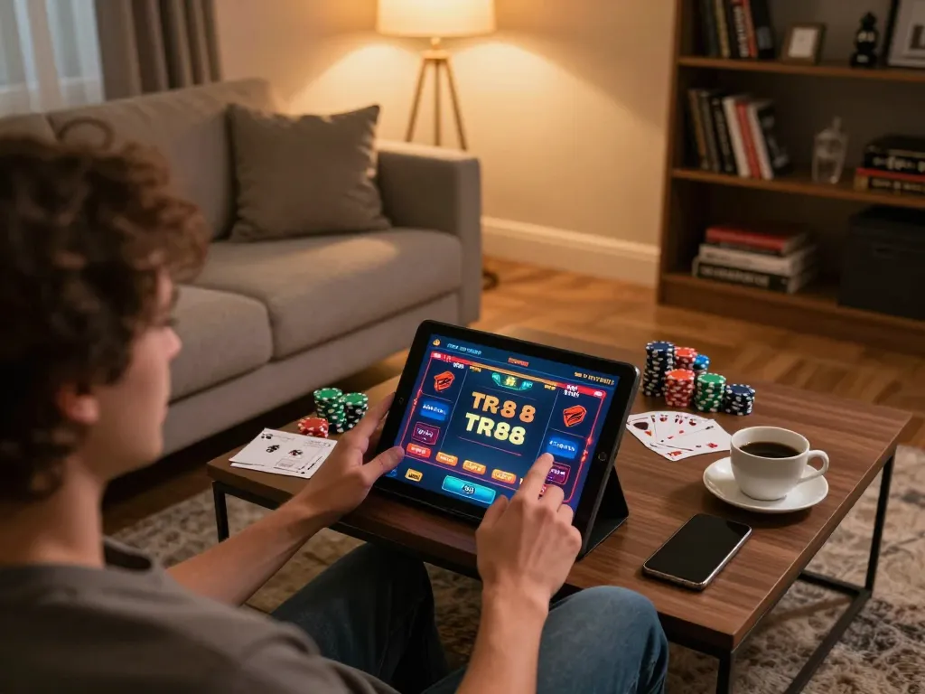 Engaged player enjoying TR 88 online casino gaming on tablet, showcasing a strategic atmosphere.