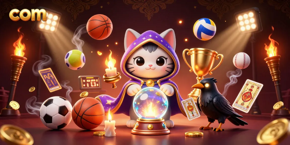 Experience com sports betting magic with a mystical scene featuring a fortune teller cat, raven, and dynamic sports elements.