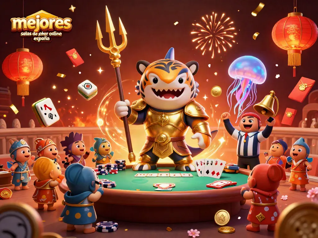 Jugando en las mejores salas de póker online en España, el tigre tiburón en armadura de gladiador y la multitud de peces animados celebran.