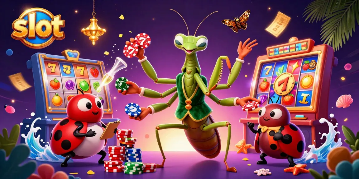 Engage with slot games in a vibrant casino setting, featuring a cartoon mantis dealing casino elements.