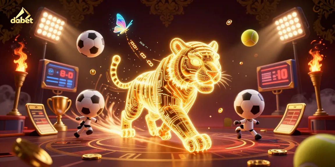 Dabet offers an electrifying gaming experience as a golden tiger prowls a digital casino.