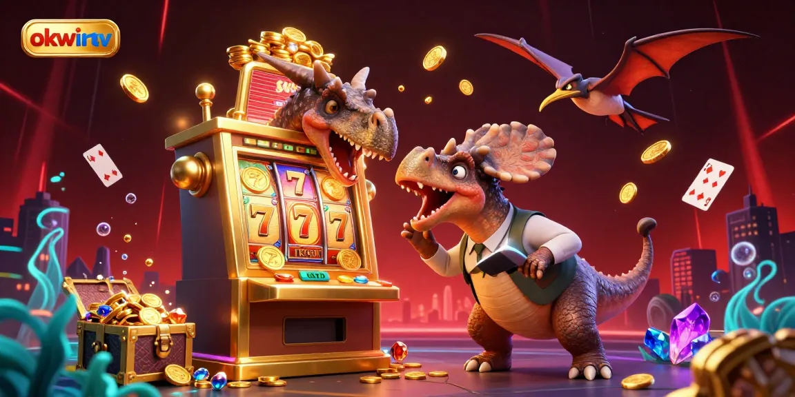 Catch golden coins with okwintv’s exciting slot machine scene featuring dynamic dinosaur characters.