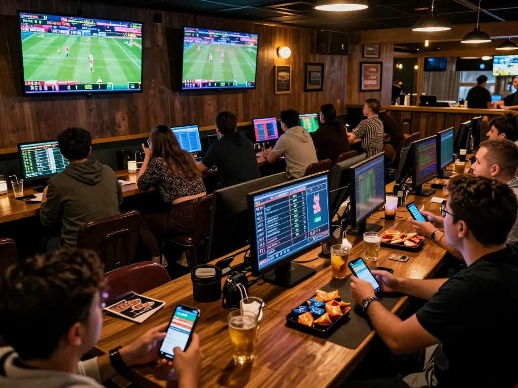 79king sports bettors enjoying live betting experience with screens showcasing games.