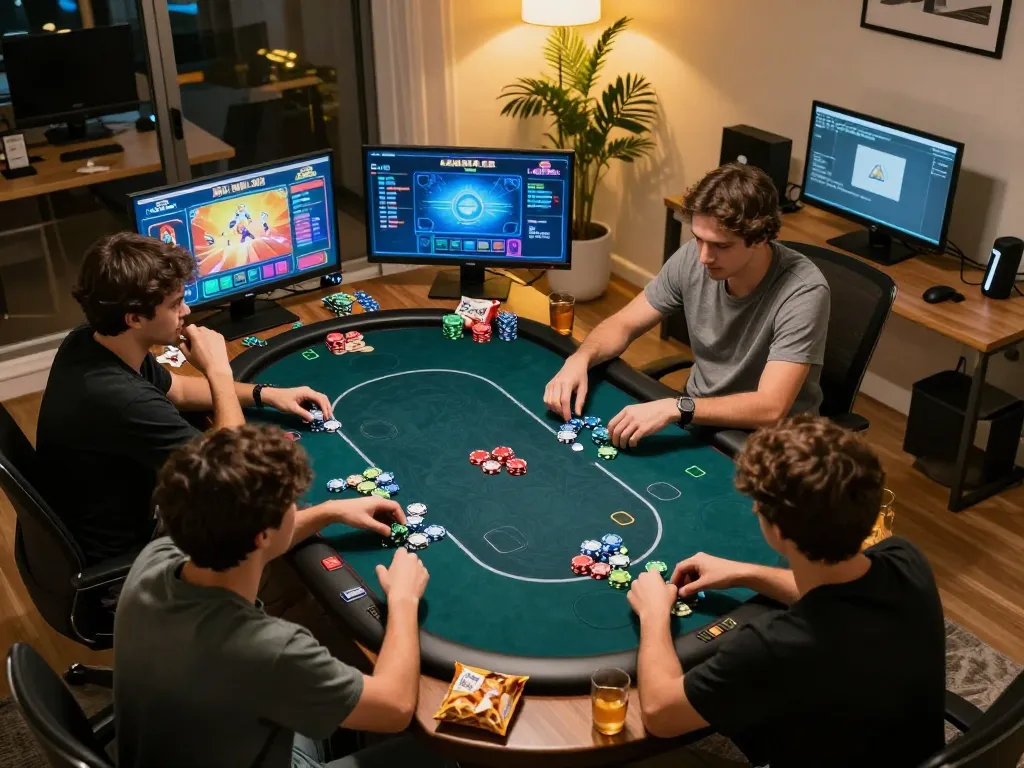 Engaging poker game from KJC global with players focused on their screens and colorful chips scattered.