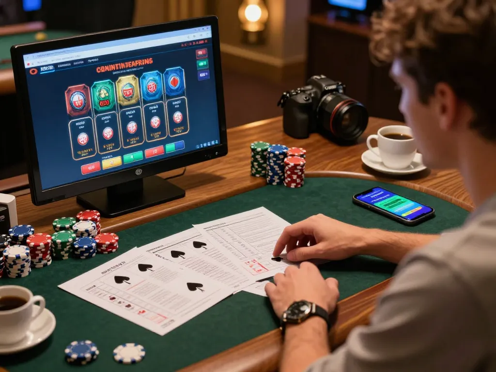 Engaging online gaming moment at 壹發娛樂, with player analyzing casino interface on laptop and strategy notes.