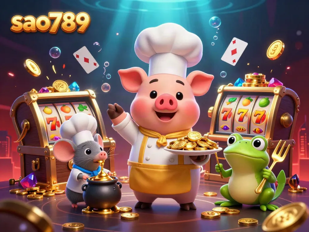 Sao789 casino scene with a cartoon chef pig serving gold coins, lively and dynamic illustration.