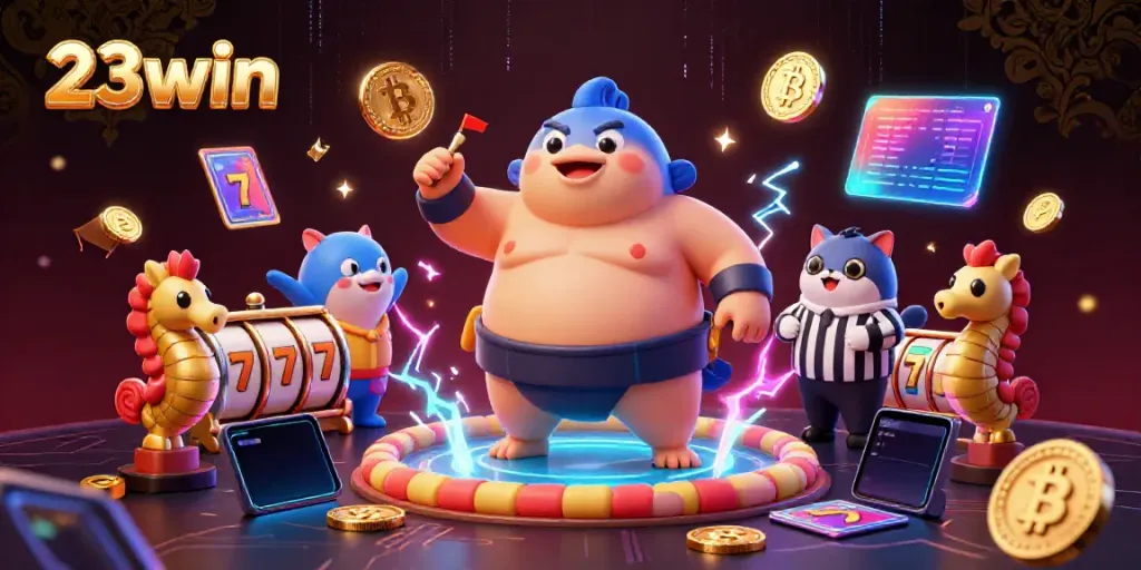 Engage with 23win's vibrant underwater casino scene featuring a fugu, catfish referee, and crypto elements.