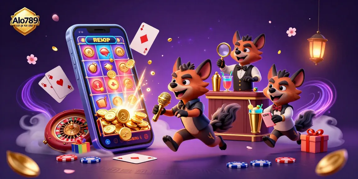 Alo789 Đá gà trực tiếp fun and energy in a cartoon hyena casino scene with vibrant interactions and gaming elements.