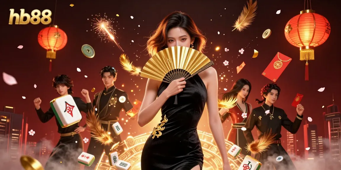 Engage in hb88 casino action with a stunning Asian woman surrounded by vibrant symbols and dynamic elements.