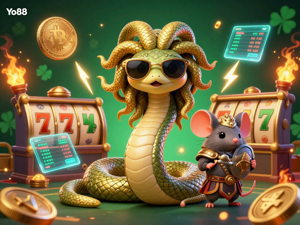 Engage with Yo88 at a vibrant online casino featuring Medusa and warrior characters amidst rich slot reels.