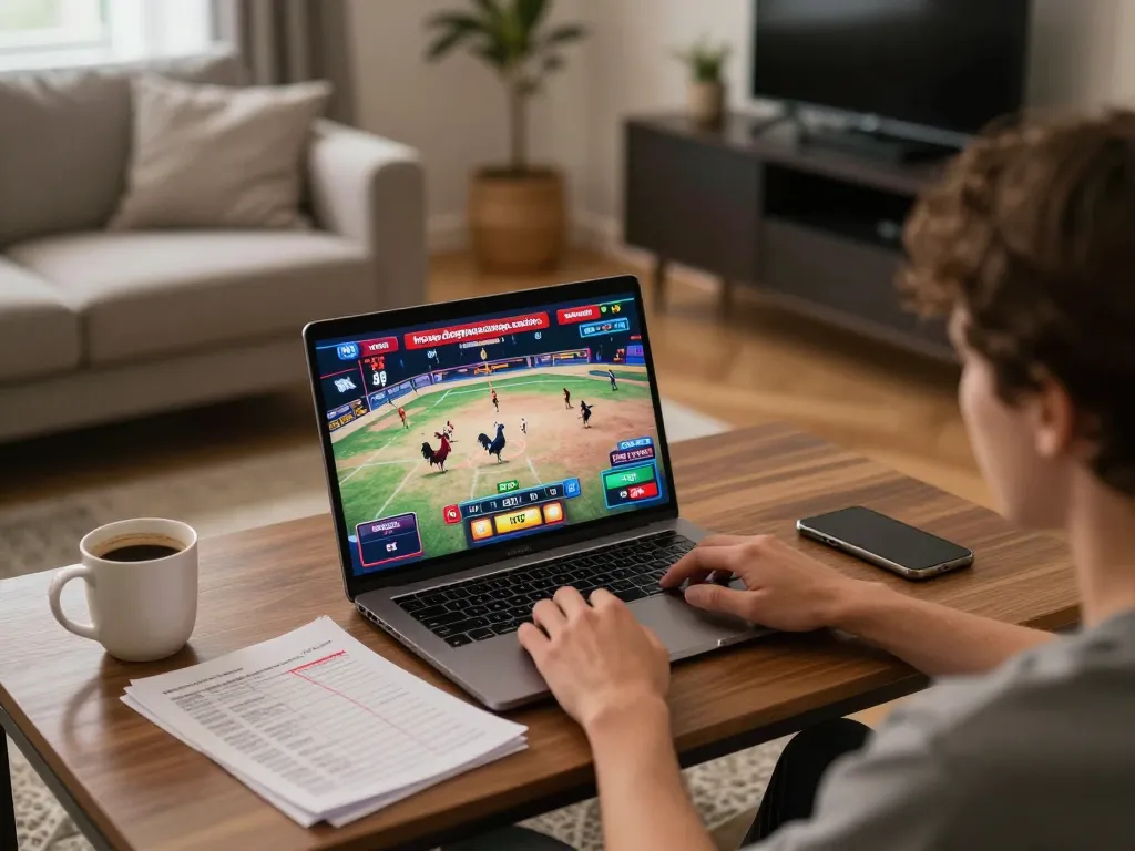 Engaging in live cockfighting matches on https://dagatructiepp.casino/ using a laptop in a cozy home setup