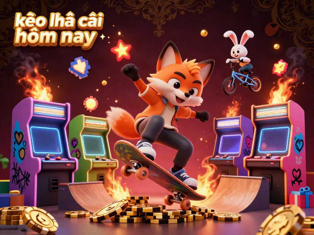 Engage with kèo nhà cái hôm nay through this dynamic cartoon scene featuring a skateboarder fox and BMX rabbit amid glowing arcade elements.
