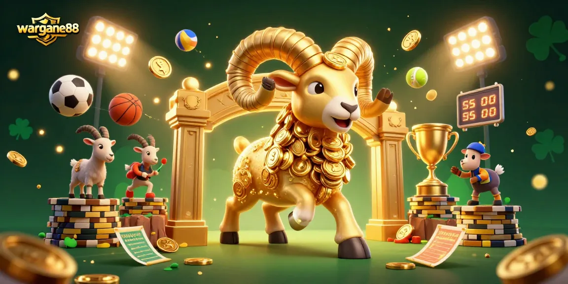 warganet88 showcases an exhilarating gambling scene featuring a massive golden ram charging at a golden gate with sports elements.