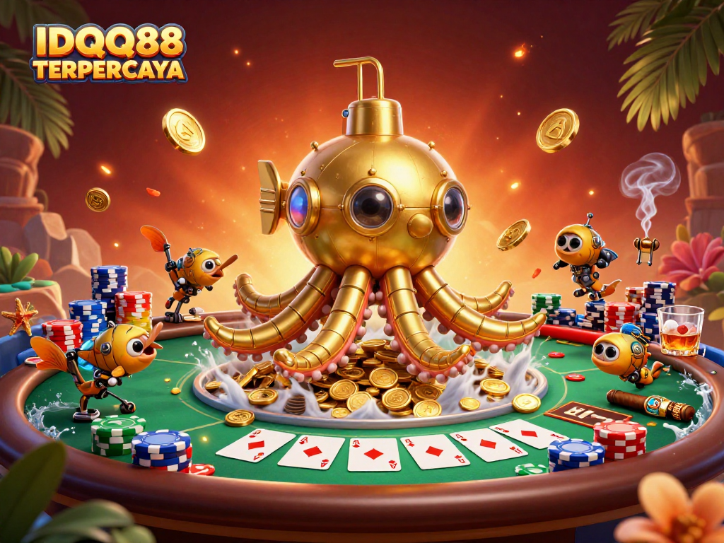 IDQQ88 TERPERCAYA reveals a thrilling poker adventure with an animated kraken submarine amidst casino riches.