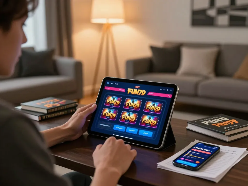 Engaging moment of using FUN79 app for online gaming on a tablet in stylish living room