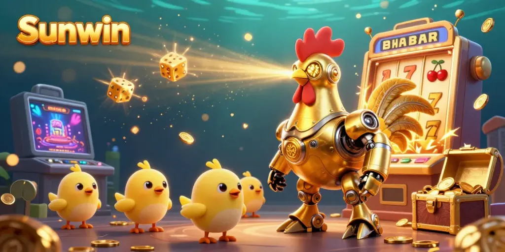 Engage with Sunwin's vibrant casino world through a dazzling 3D scene featuring golden jackpot elements and charismatic characters.