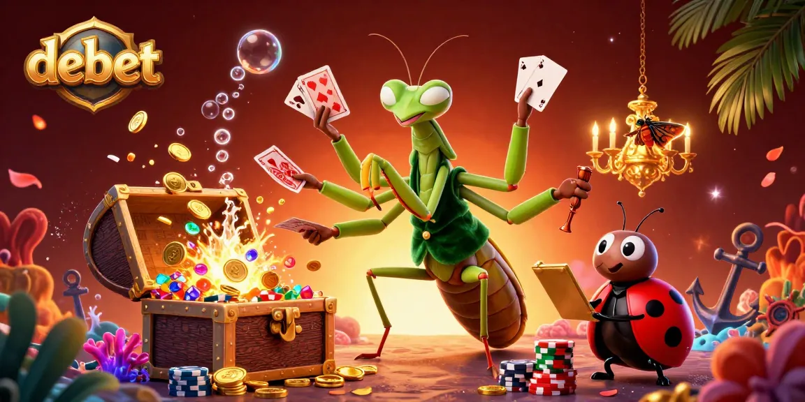 Experience debet's thrilling casino scene featuring a giant mantis, ladybug pit boss, and sparkling treasures.