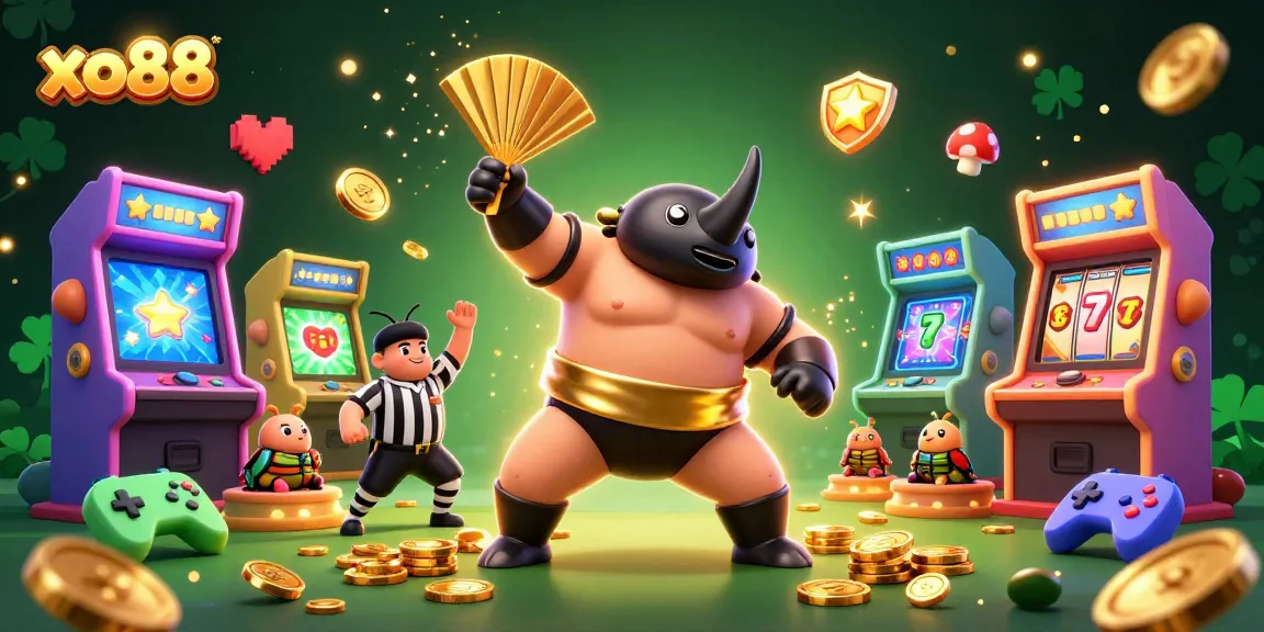 Experience thrilling slot game action with xo88's captivating 3D illustration featuring dynamic characters and golden coins.