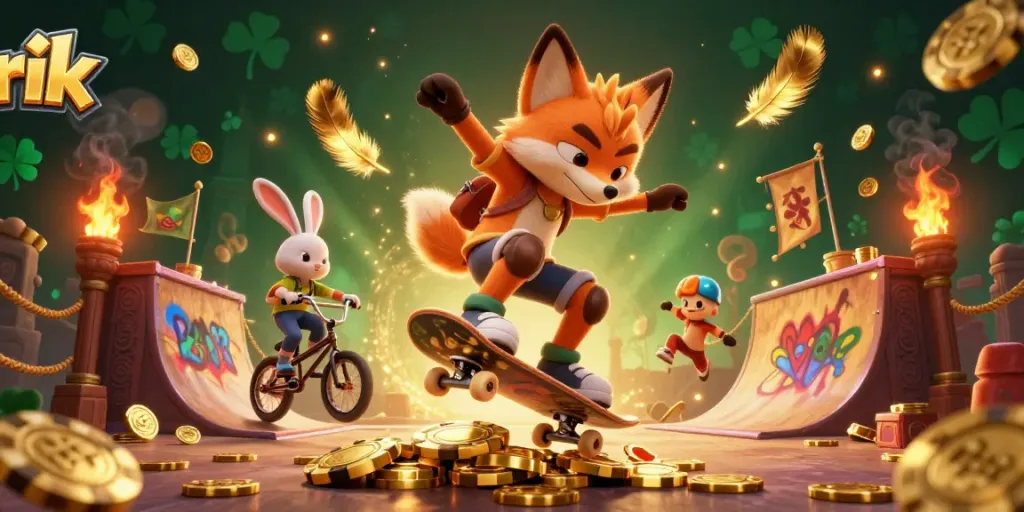 Experience thrilling gameplay at Rik with a lively scene featuring a skateboarder fox and BMX rabbit surrounded by casino elements.