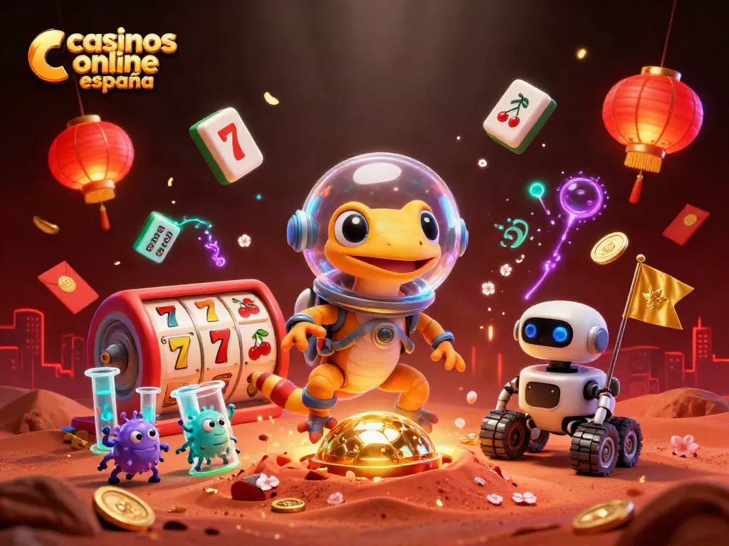 Juega en casinos online España con este divertido y colorido diseño 3D de un gecko marciano.