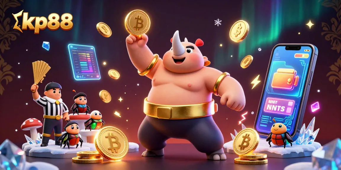 Bet on kp88 for a thrilling experience as a rhinoceros beetle champion stomps golden coins in a lively casino scene.