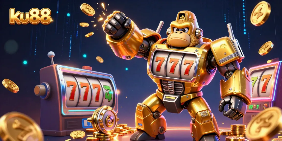 Engage in thrilling gaming at ku88 featuring a golden gorilla mech with slot reels.