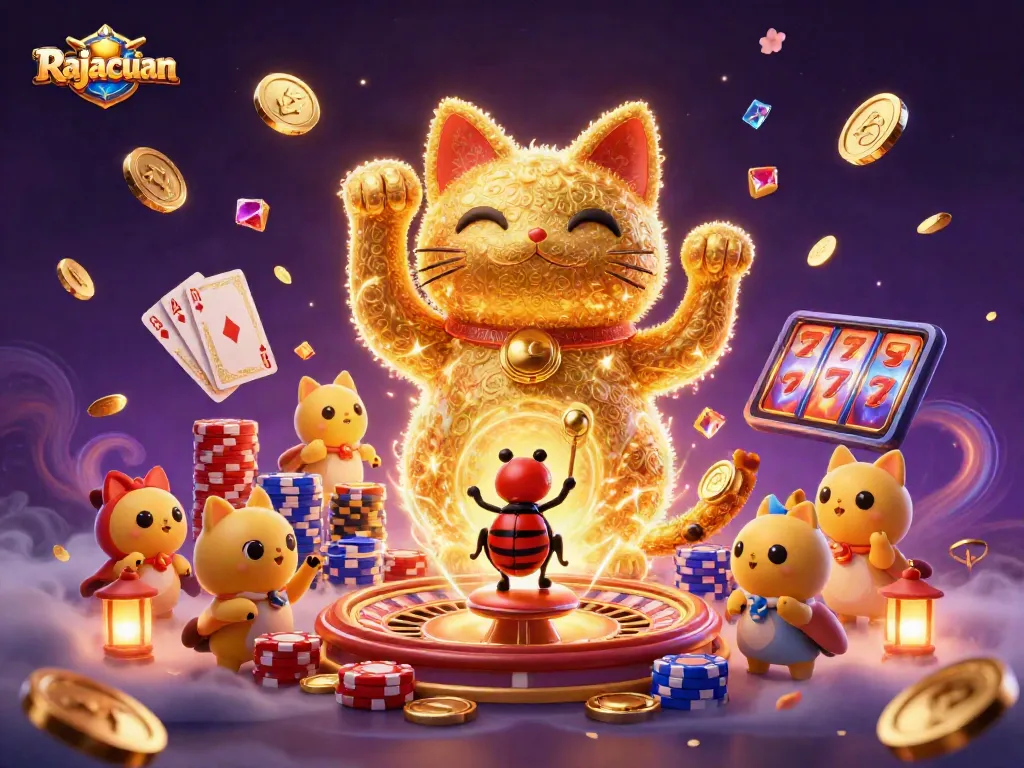 Engage with Rajacuan's vibrant casino world featuring a lucky cat and sprawling gold coins.