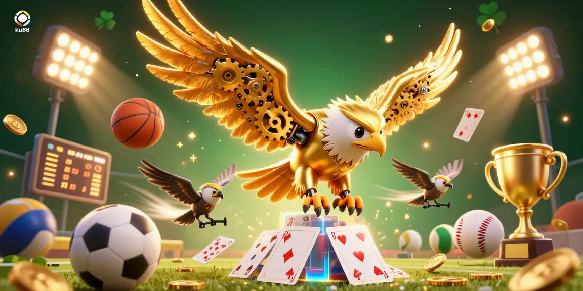 Engage with ku88's thrilling casino atmosphere featuring dynamic sports elements and a bold golden eagle.
