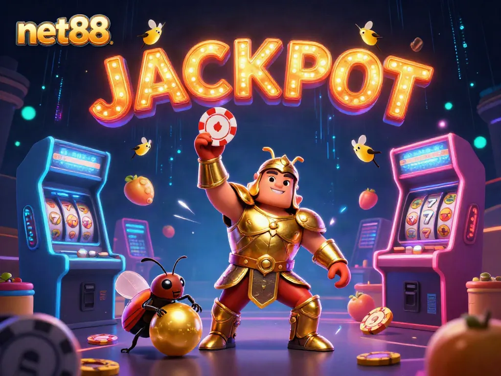 Engage with net88's vibrant online casino scene featuring a victorious beetle, poker chips, and colorful gaming elements.