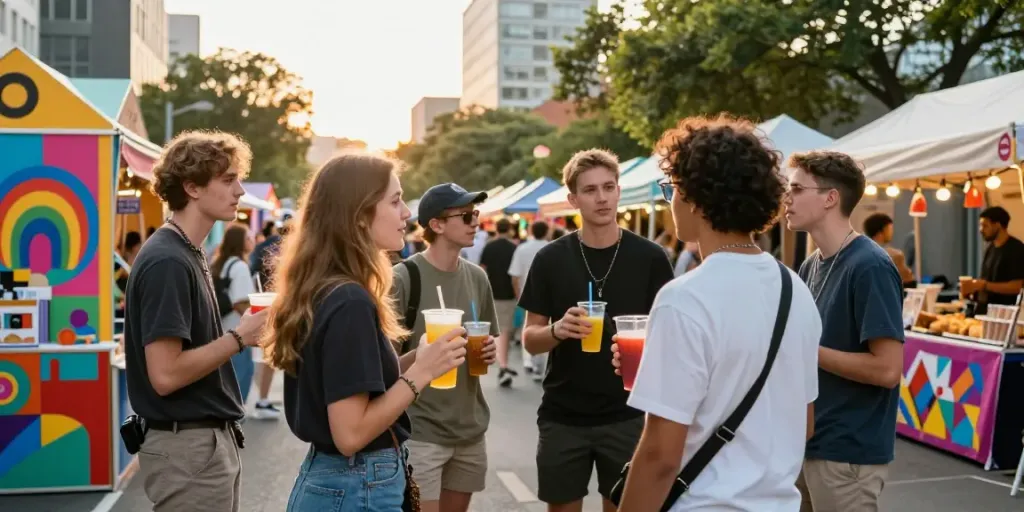 Youthful street festival scene showcasing vibrant community moments with rokok88 spirit.