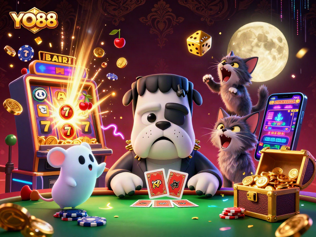 Engage in thrilling casino action with YO88 as a bulldog dealer and mystical characters in a vibrant gaming scene.