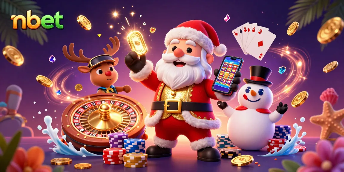 Play engaging nbet slots with a festive Santa and friends at a vibrant casino scene.